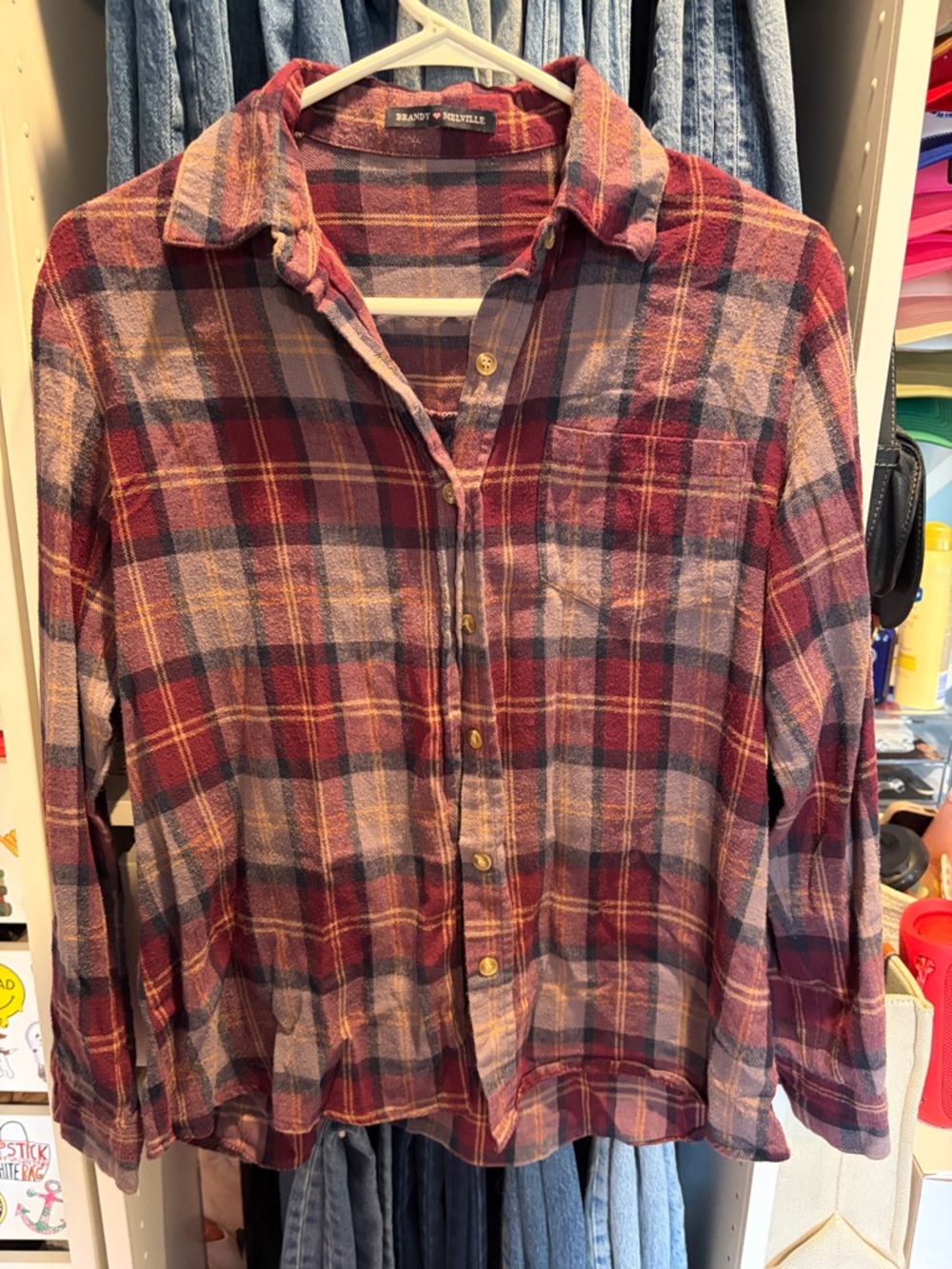 Brandy Melville Burgundy and Navy Plaid Button-Down Shirt
